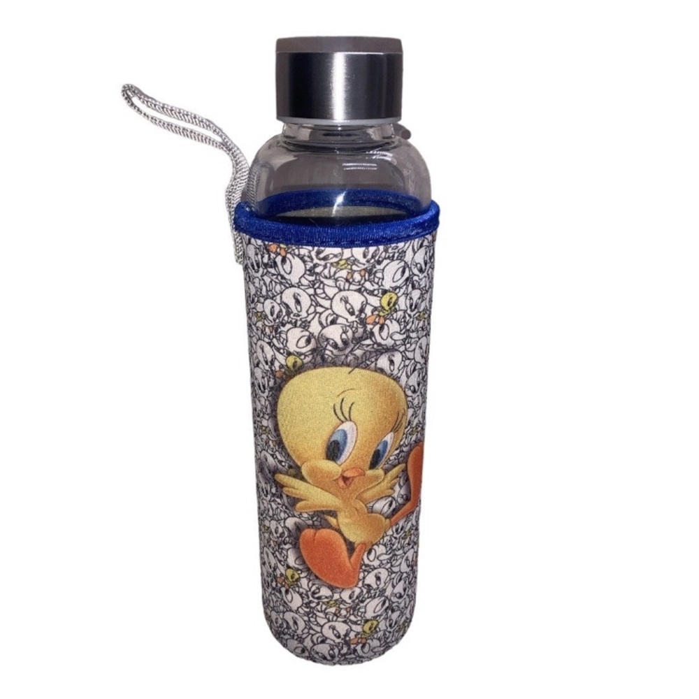 Spoontiques Tweety Bird 20oz glass water bottle with printed sleeve